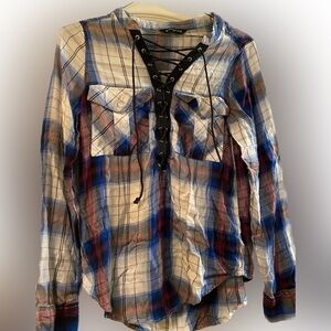 EXPRESS EXTRA SMALL Women’s Blue Plaid Lace-Up Shirt